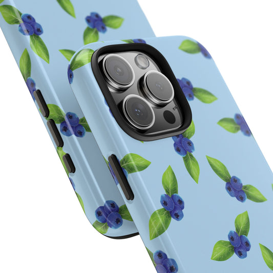 Angled close-up of Blueberry Pattern Phone Case highlighting detailed blueberry artwork and smooth, high-gloss surface.