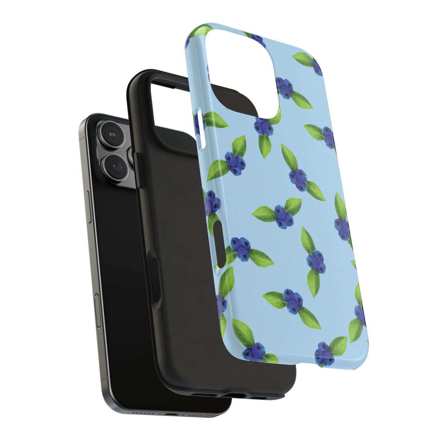 Exploded view of Blueberry Pattern Phone Case showing durable Lexan outer shell and shock-absorbing rubber liner for everyday protection.