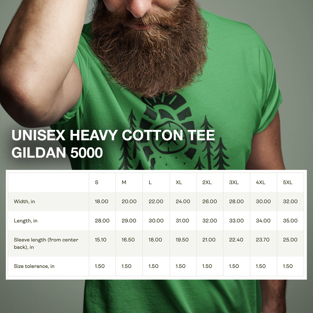 Boot Print Compass Forest T-Shirt size chart showing unisex fit details and garment measurements.