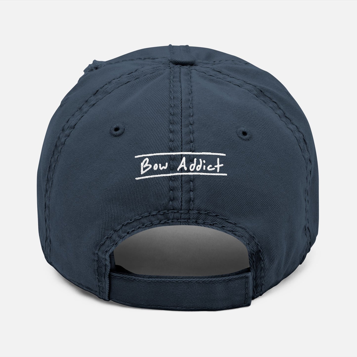 Back view of the Bow Addict Dad Hat in navy, showing “Bow Addict” embroidered in a casual handwritten font above the adjustable strap.