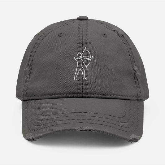 Front view of the Bow Addict Dad Hat in charcoal grey fabric, featuring a minimalist one-line drawing of an archer embroidered on soft cotton twill.