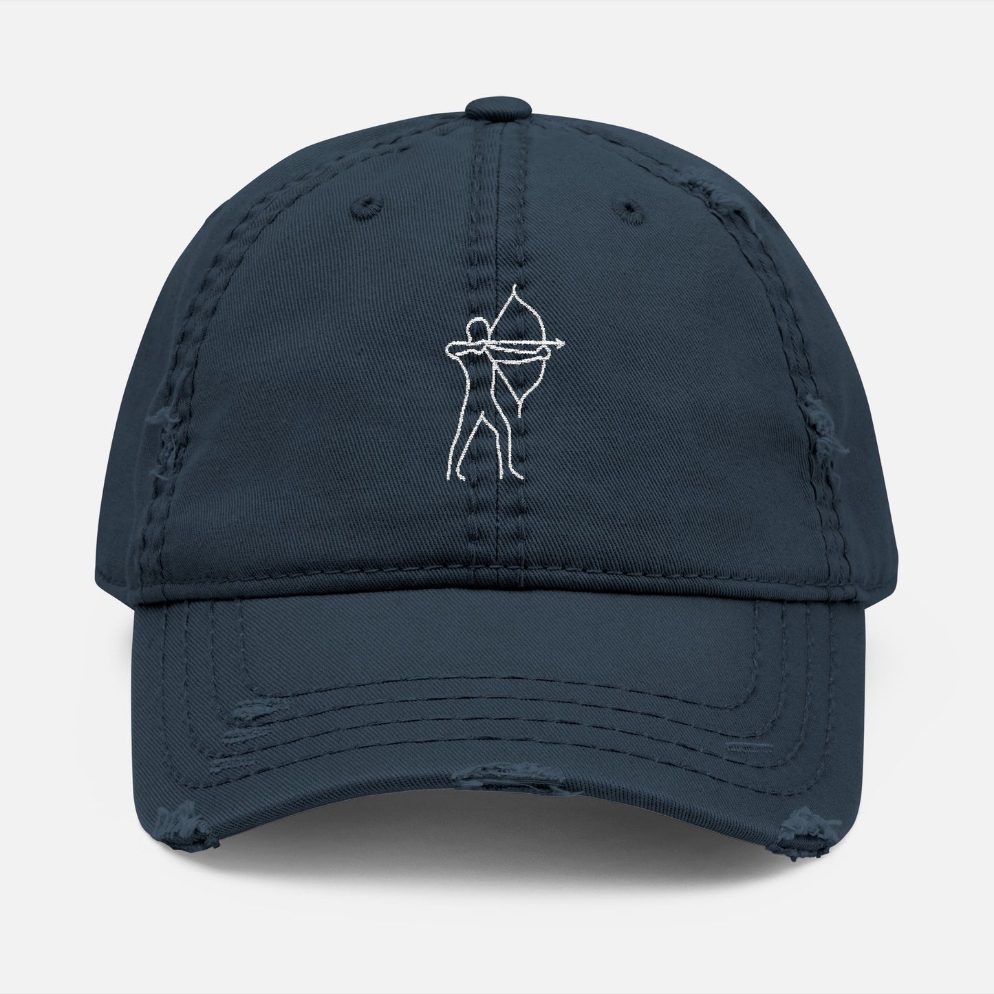 Front view of the Bow Addict Dad Hat in navy fabric, featuring a minimalist one-line drawing of an archer embroidered on soft cotton twill.