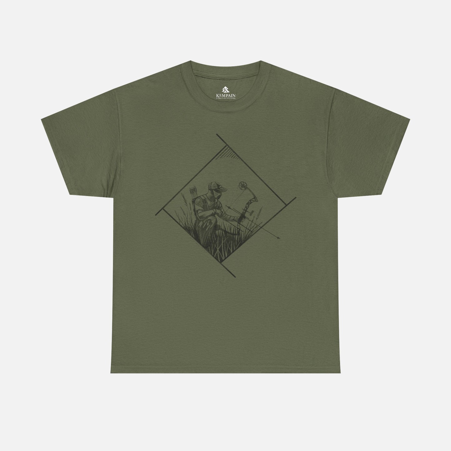 Bow Hunter Geometric Tee in military green on a white background, showcasing a rugged hunting-inspired design for bowhunters and nature lovers.