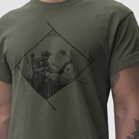 Model wearing Bow Hunter Geometric Tee, featuring a bold illustration of a kneeling bow hunter, perfect for archery enthusiasts and outdoor adventurers.
