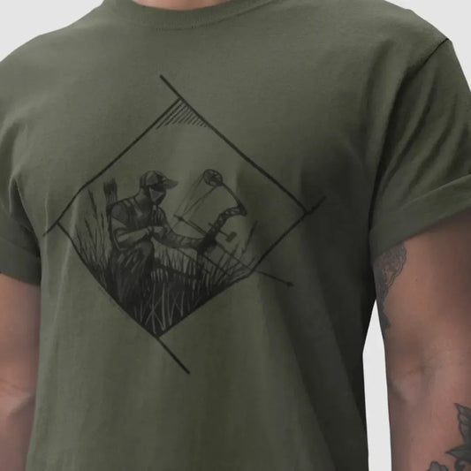 Model wearing Bow Hunter Geometric Tee, featuring a bold illustration of a kneeling bow hunter, perfect for archery enthusiasts by Kempain Family Outfitters.