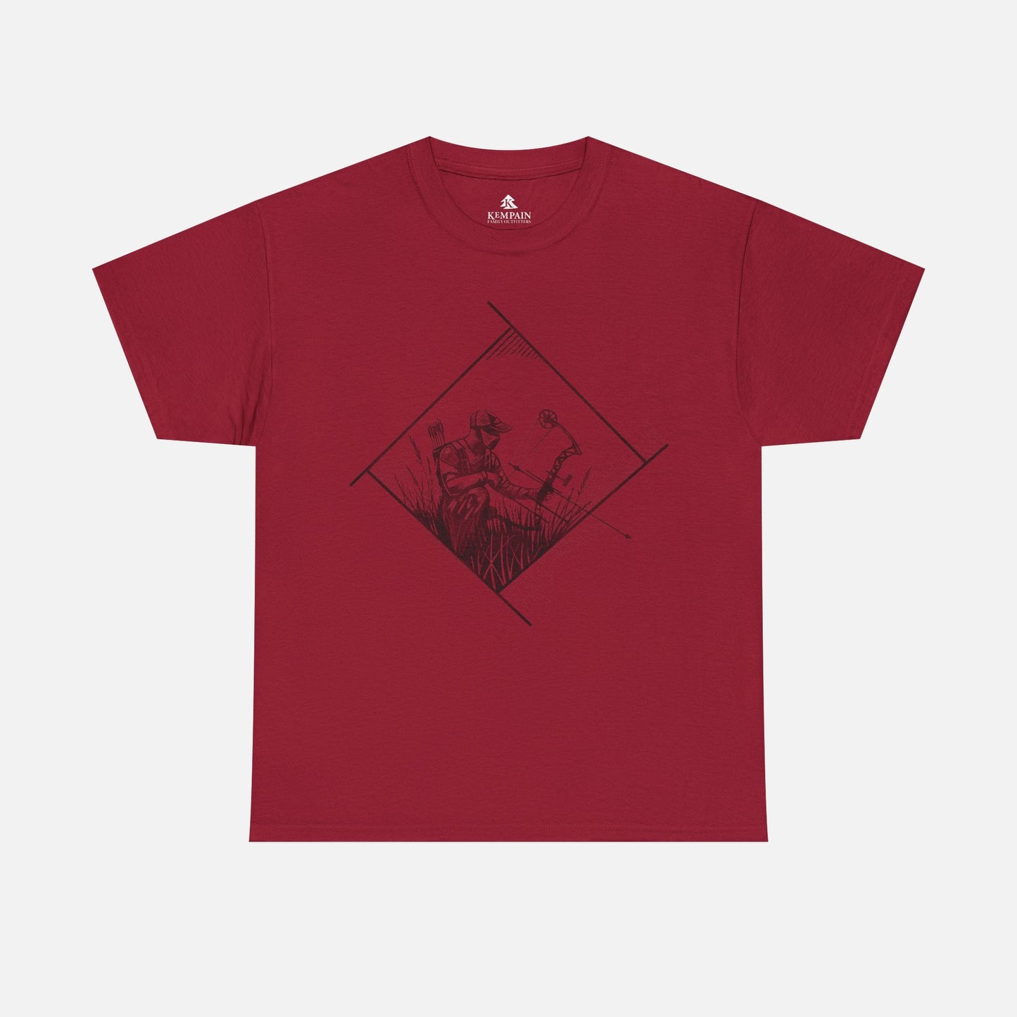 Bow Hunter Geometric Tee in red on a white background, showcasing a rugged hunting-inspired design for bowhunters and nature lovers.