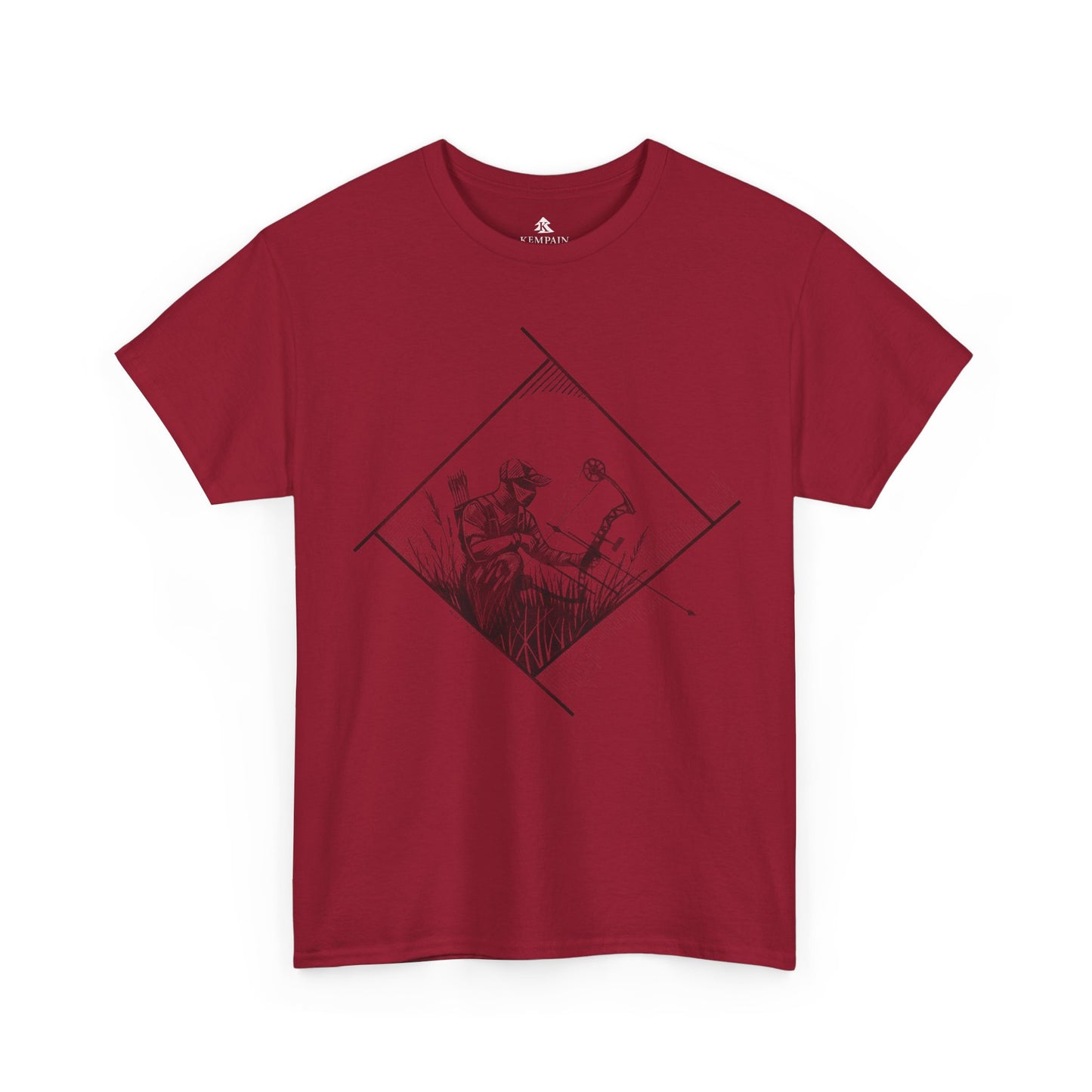 Bow Hunter Geometric Tee in red on a white background, showcasing a rugged hunting-inspired design for bowhunters by Kempain, 100 percent cotton, available in sizes Small through 5XL.