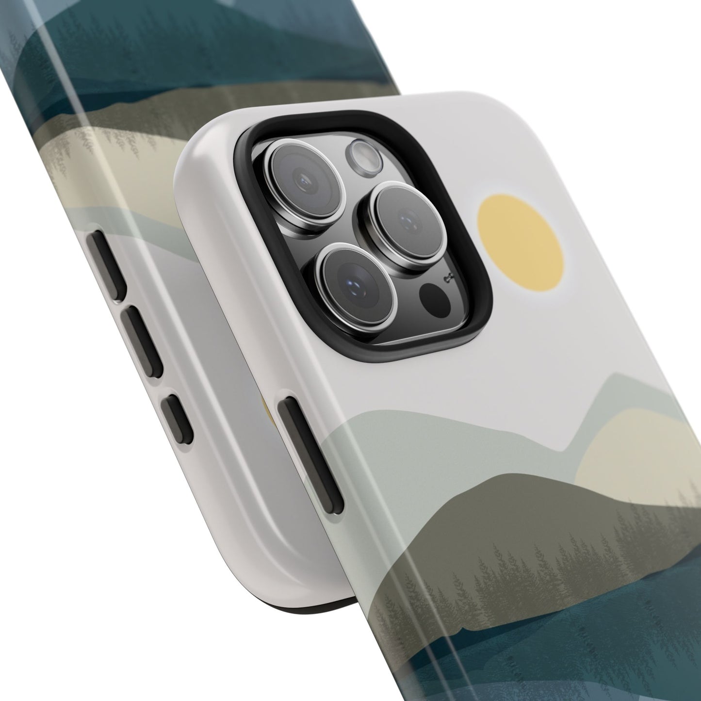 Close-up view of the camera area on an iPhone phone case featuring an abstract mountain and lake reflection illustration, showcasing the precise cutout and design details.
