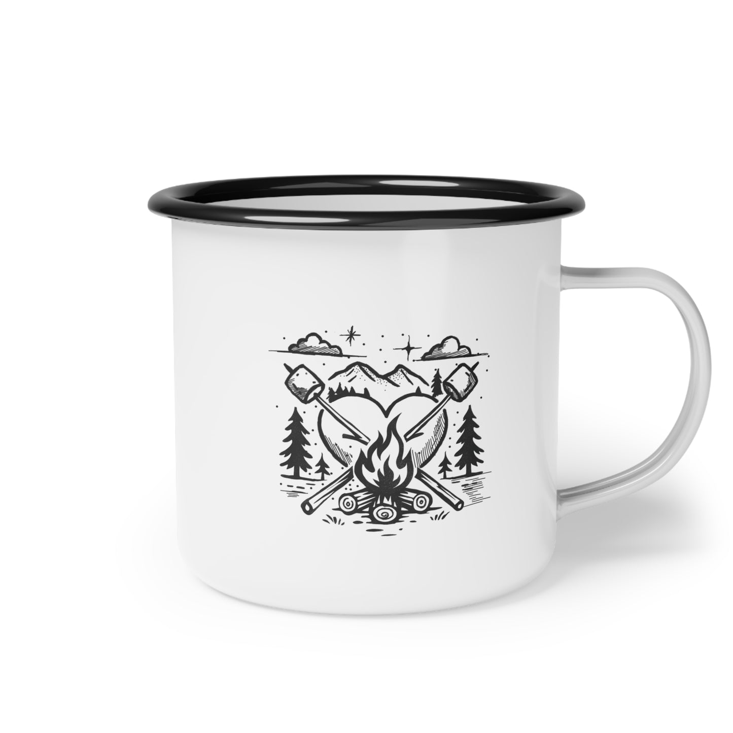 Opposite side of camping mug showing hand-drawn crossed roasting sticks over a heart-shaped flame with “Campfires & Forever” theme.