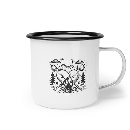 Opposite side of camping mug showing hand-drawn crossed roasting sticks over a heart-shaped flame with “Campfires & Forever” theme.