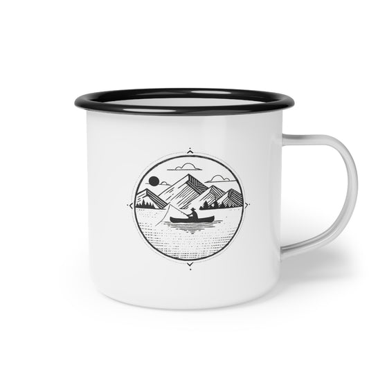 White enamel mug with black rim and handle featuring a mountain and canoe design on a white background