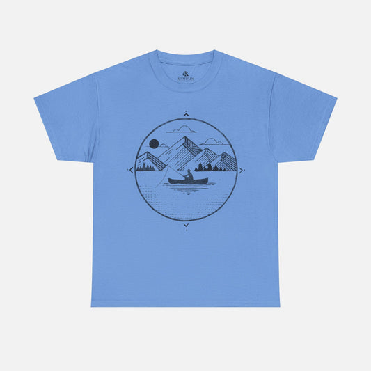 Canoe Fishing T-Shirt in blue on a white background, showcasing a peaceful fishing and nature-inspired design for those who love the water.