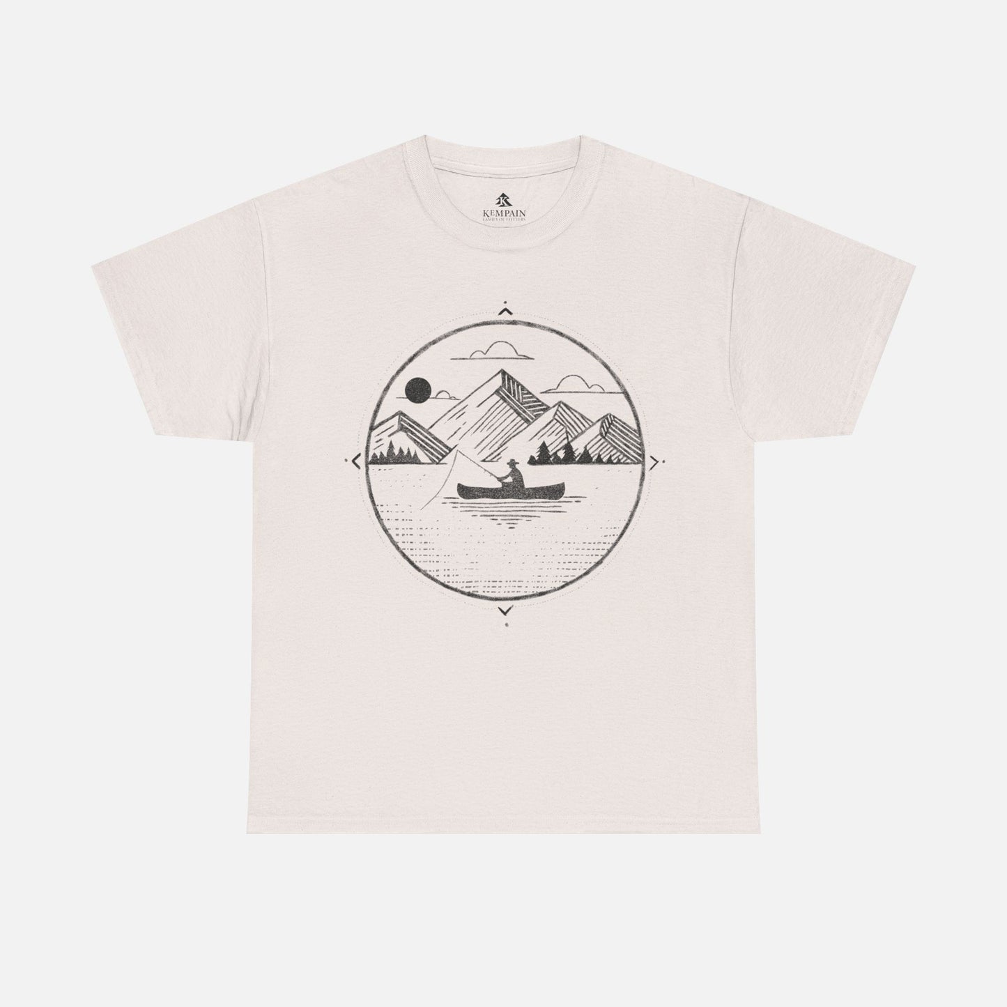 Canoe Fishing T-Shirt in ice grey on a white background, showcasing a peaceful fishing and nature-inspired design for those who love the water.