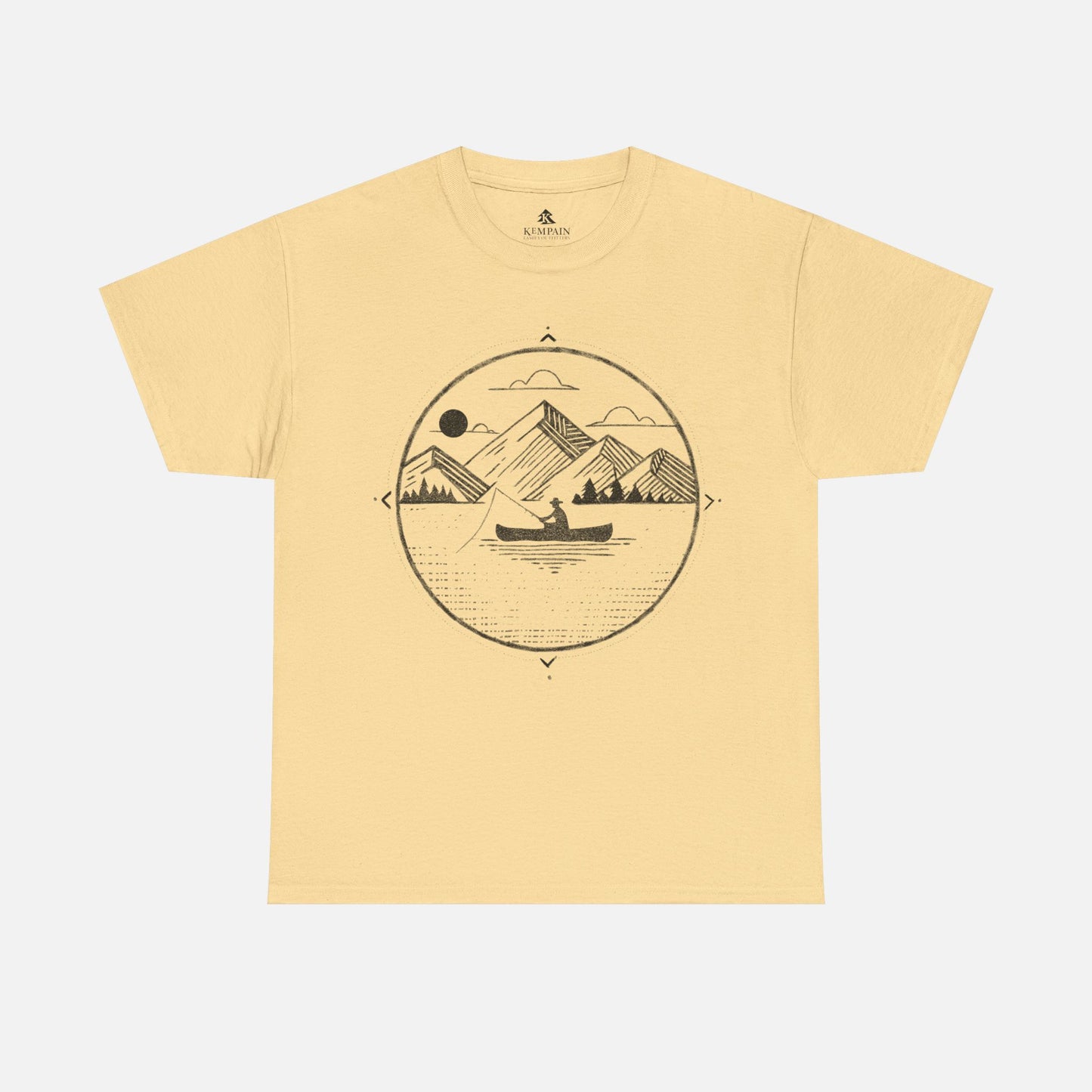 Canoe Fishing T-Shirt in yellow on a white background, showcasing a peaceful fishing and nature-inspired design for those who love the water.