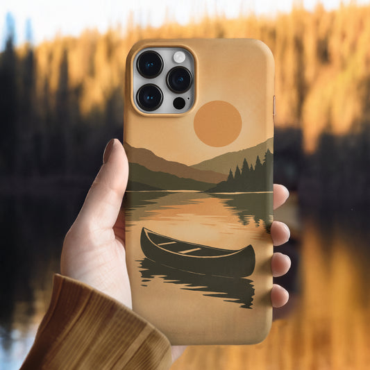 Canoe on Still Lake Phone Case in an outdoor lifestyle scene, showcasing peaceful water illustration and rugged style.