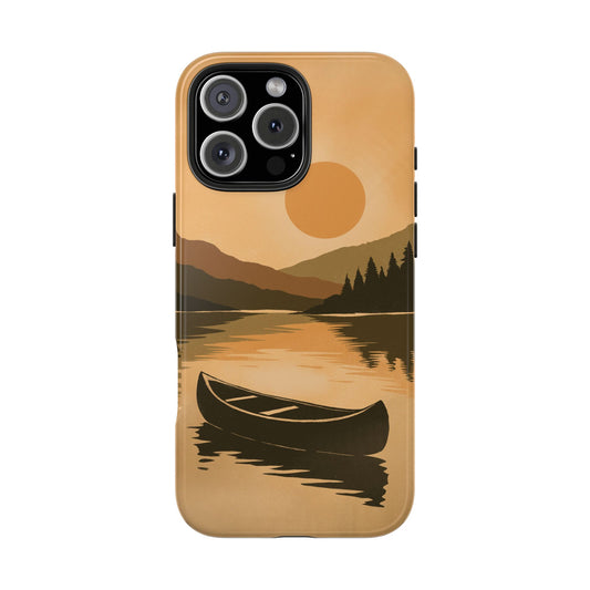 Canoe on Still Lake Phone Case featuring a peaceful lake scene with a canoe and forest reflection, shown on a white background.
