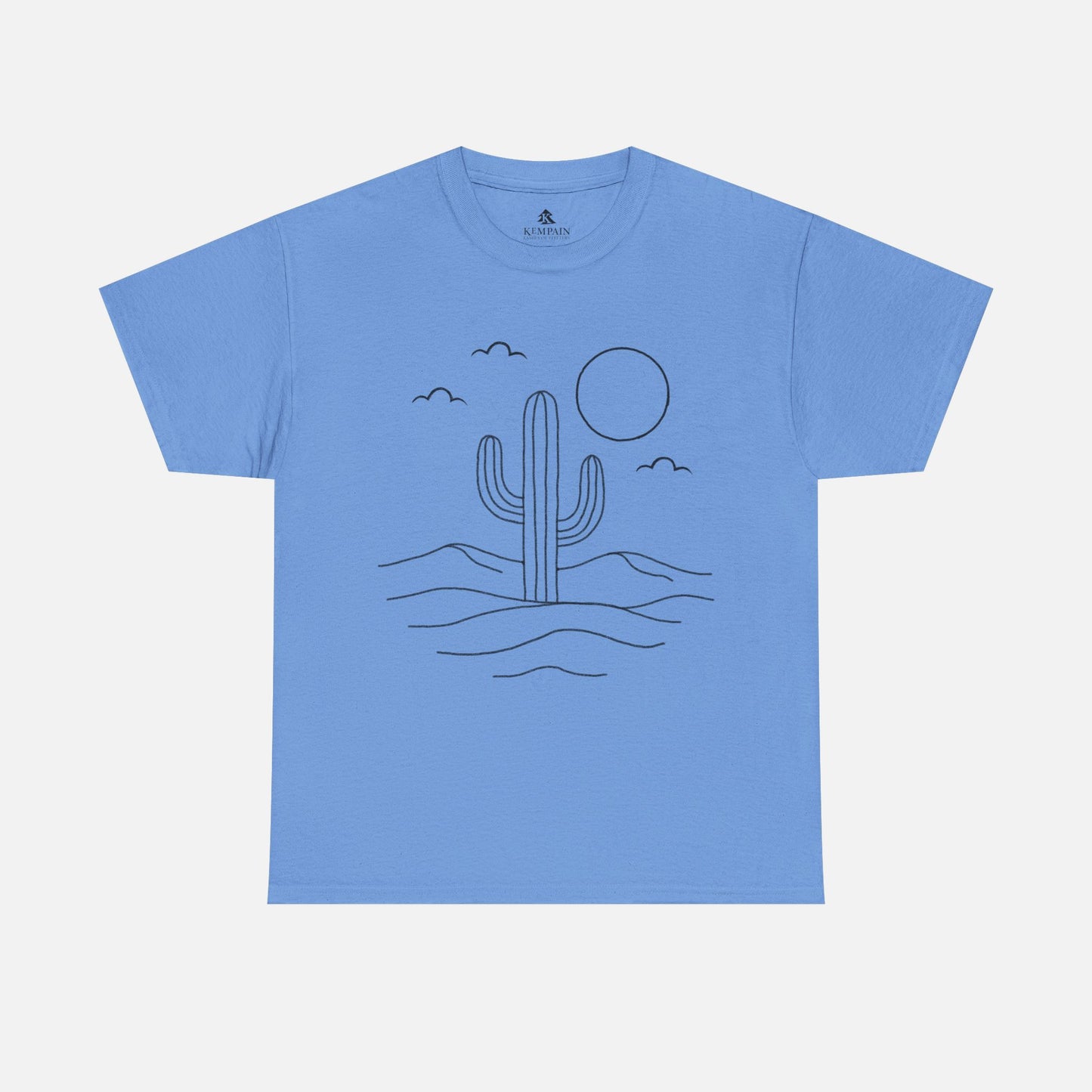 Carolina Blue Minimalist Desert Cactus Line Art T-Shirt displayed on white background, showing simple cactus, sun, and cloud illustration.