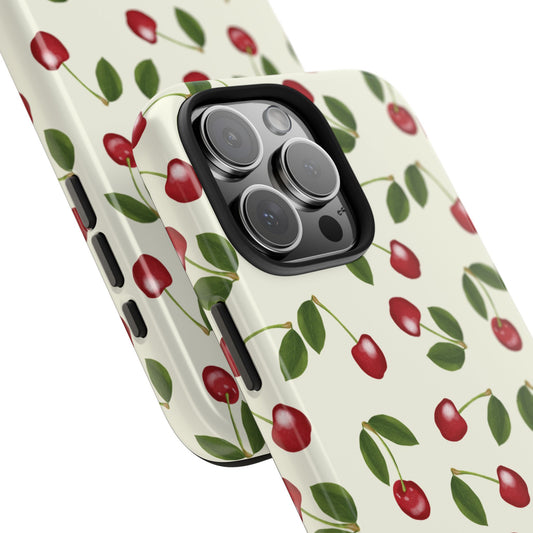 Angled close-up of Cherry Pattern Phone Case highlighting the glossy cherry artwork and smooth finish.