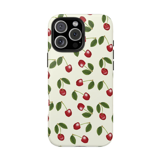 Front view of Cherry Pattern Phone Case on white background, featuring vibrant illustrated cherries on a glossy finish.
