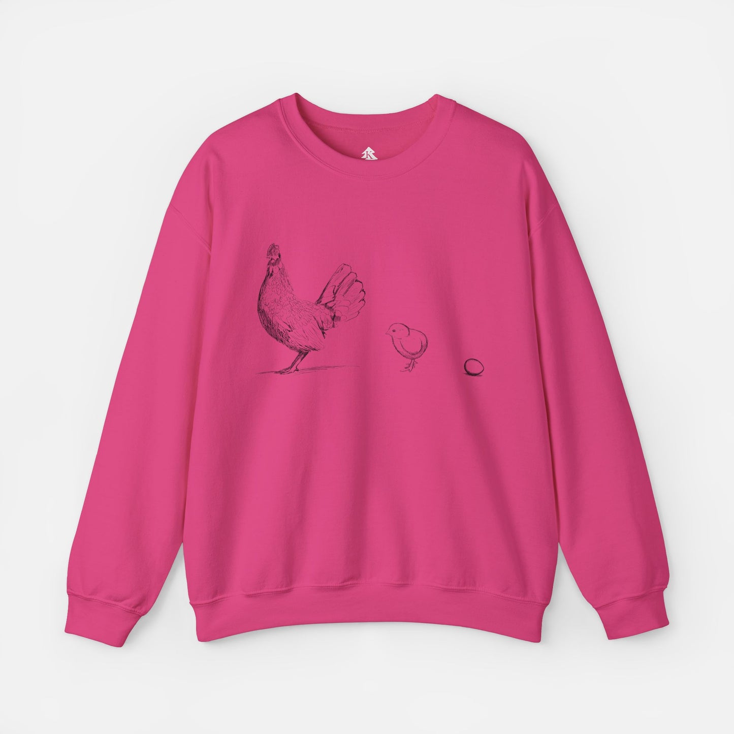 Pink chicken mom crewneck sweatshirt on white background. Chicken, Chick, and Egg graphic top.