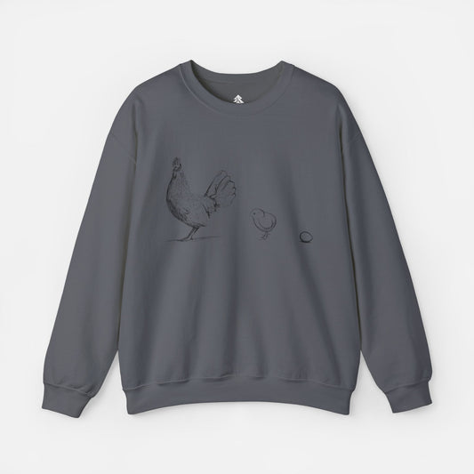 Gray chicken mom crewneck sweatshirt on white background. Chicken, Chick, and Egg graphic top.