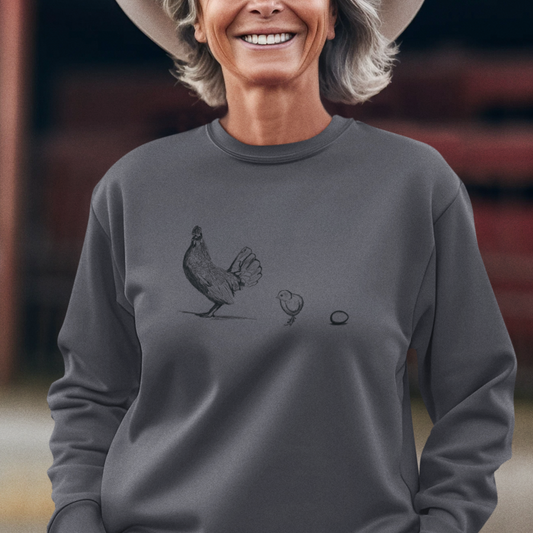 Gray chicken mom crewneck sweatshirt on woman. Chicken, Chick, and Egg graphic top.