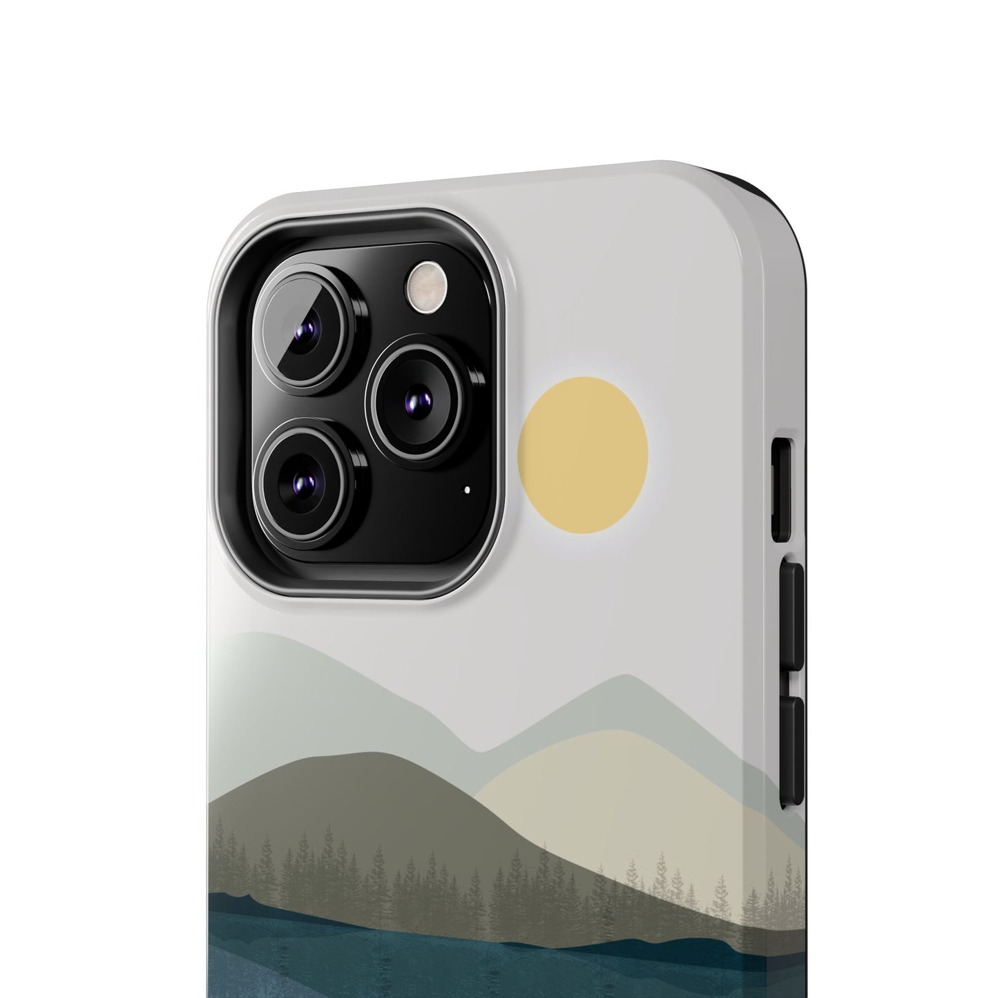 Close-up view of a phone case featuring an abstract mountain and lake reflection illustration, highlighting the intricate design details, compatible with iPhone and Samsung models.