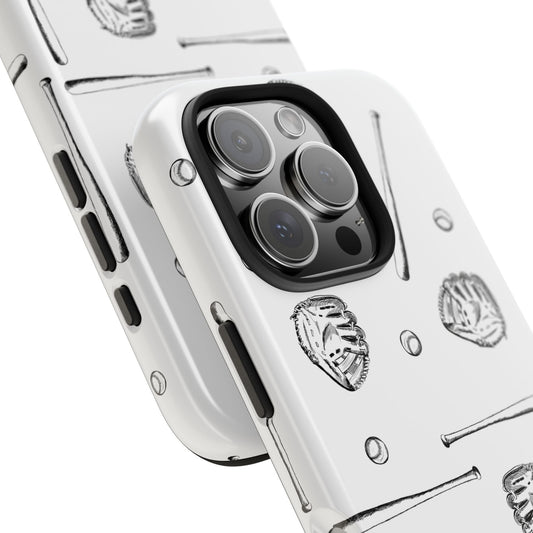 A detailed view of phone case featuring a baseball theme pattern with gloves, balls, and bats.