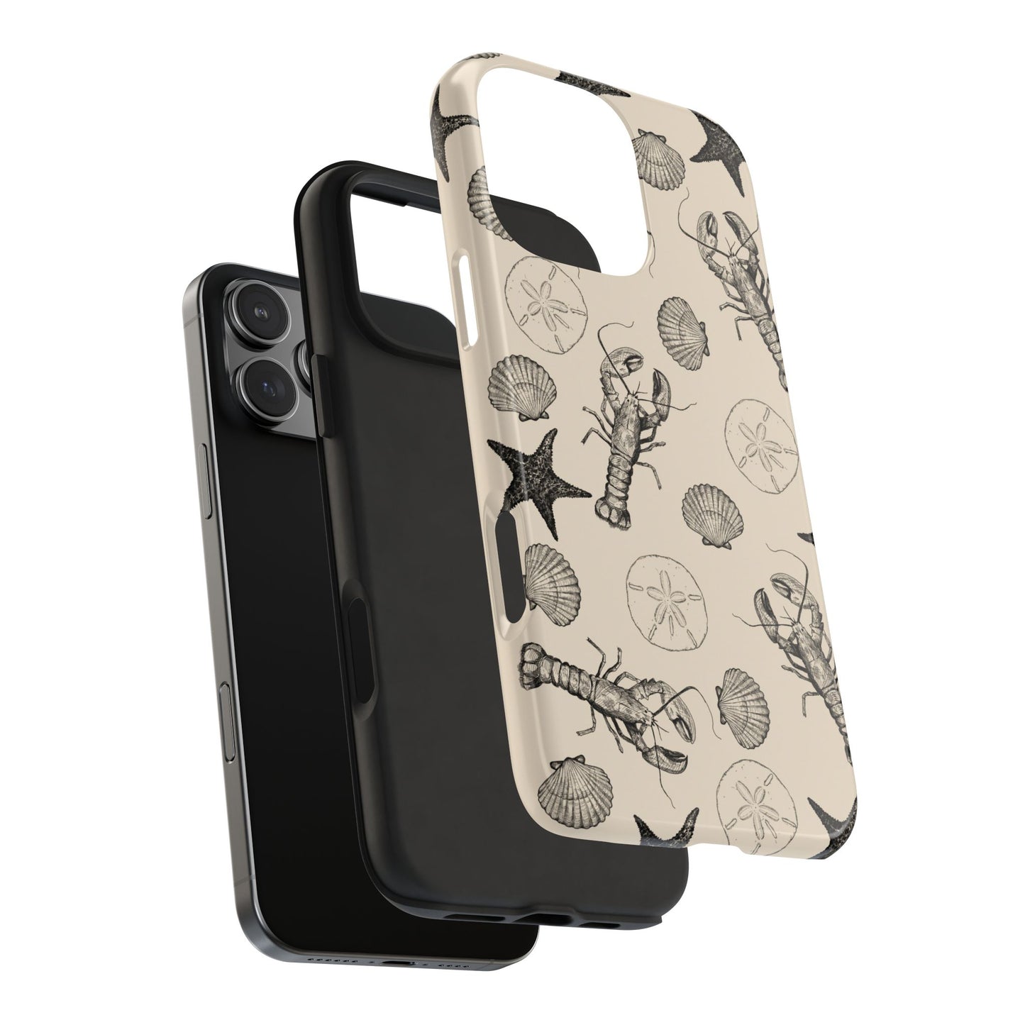 Exploded view of Coastal Shells Phone Case showing the impact-resistant hard shell and inner rubber liner for premium phone protection