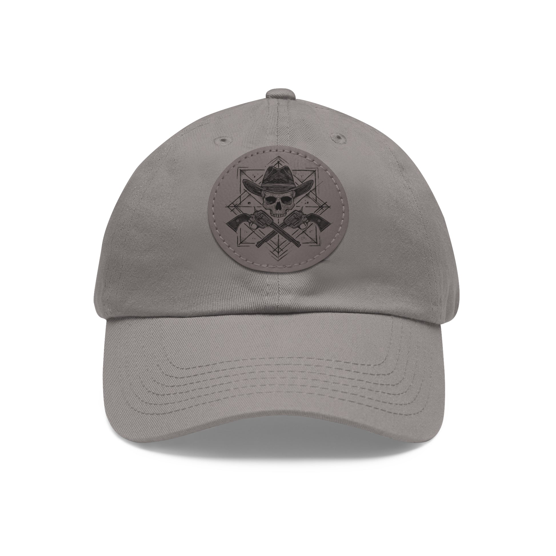 Front of cowboy skull cap by Kempain Family Outfitters showing design of the patch with skull wearing a cowboy hat and pistols crossed in a geometric illustration.