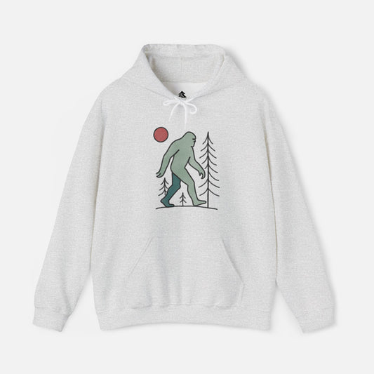 Front view of Ash gray Bigfoot hoodie with red moon and pine tree design, on a white background, customizable back text available.