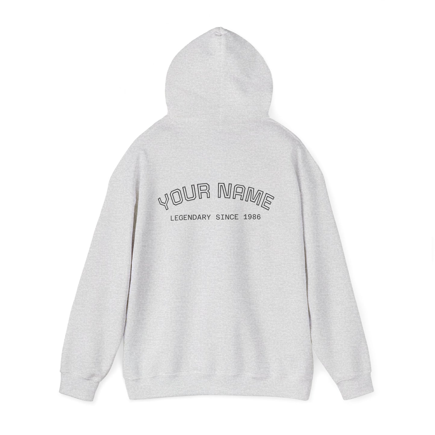 Back of Bigfoot Gray hoodie with 'Your Name Legendary Since 1986' text on a white background