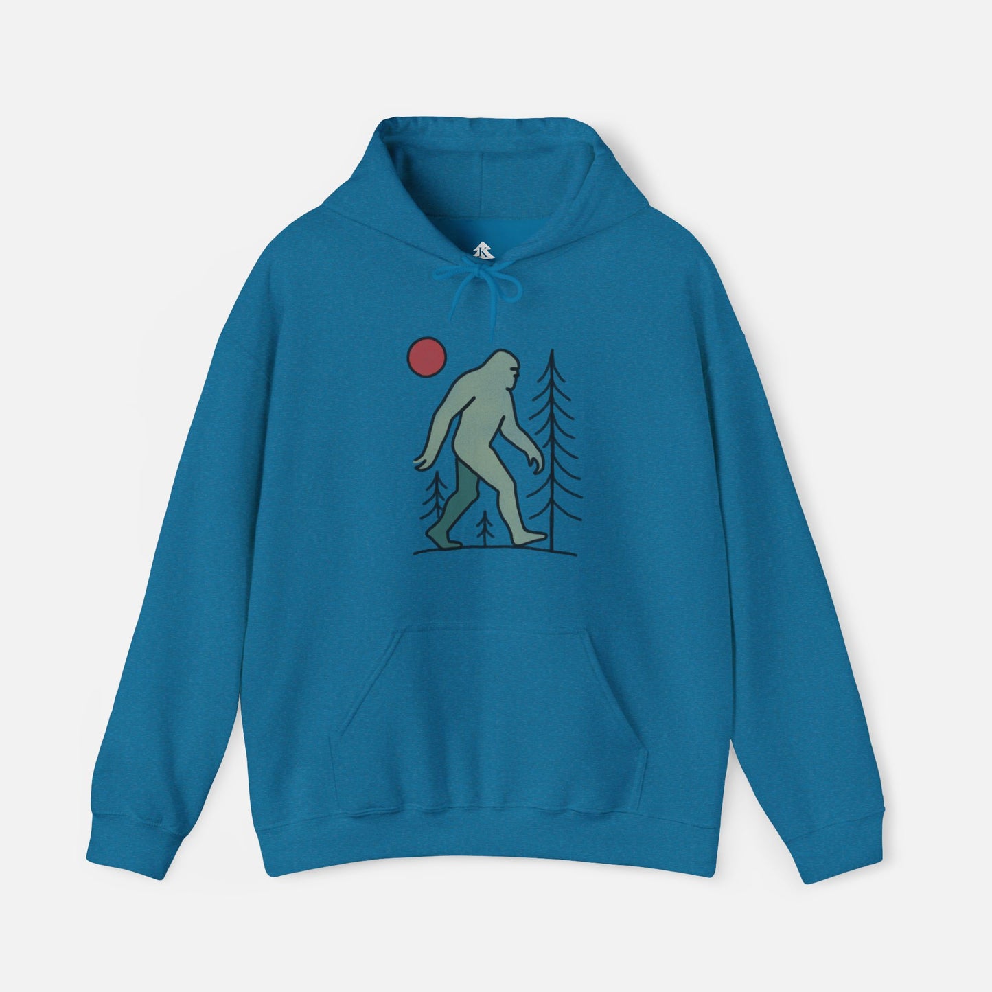 Front view of blue Bigfoot hoodie with red moon and pine tree design, on a white background, customizable back text available.