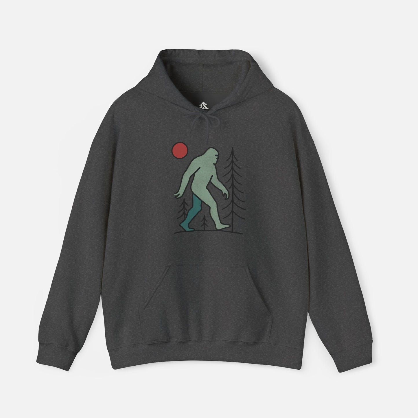 Front view of grey Bigfoot hoodie with red moon and pine tree design, on a white background, customizable back text available.
