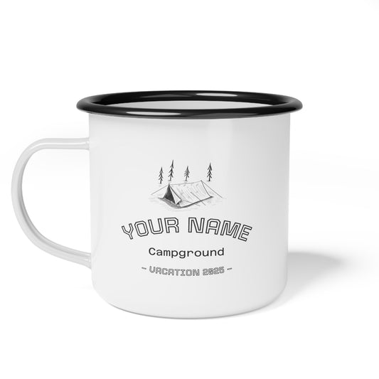 Front view of white camping mug featuring a tent illustration and custom text reading “The Kempain’s – Burlington Campground – Vacation 2025.”