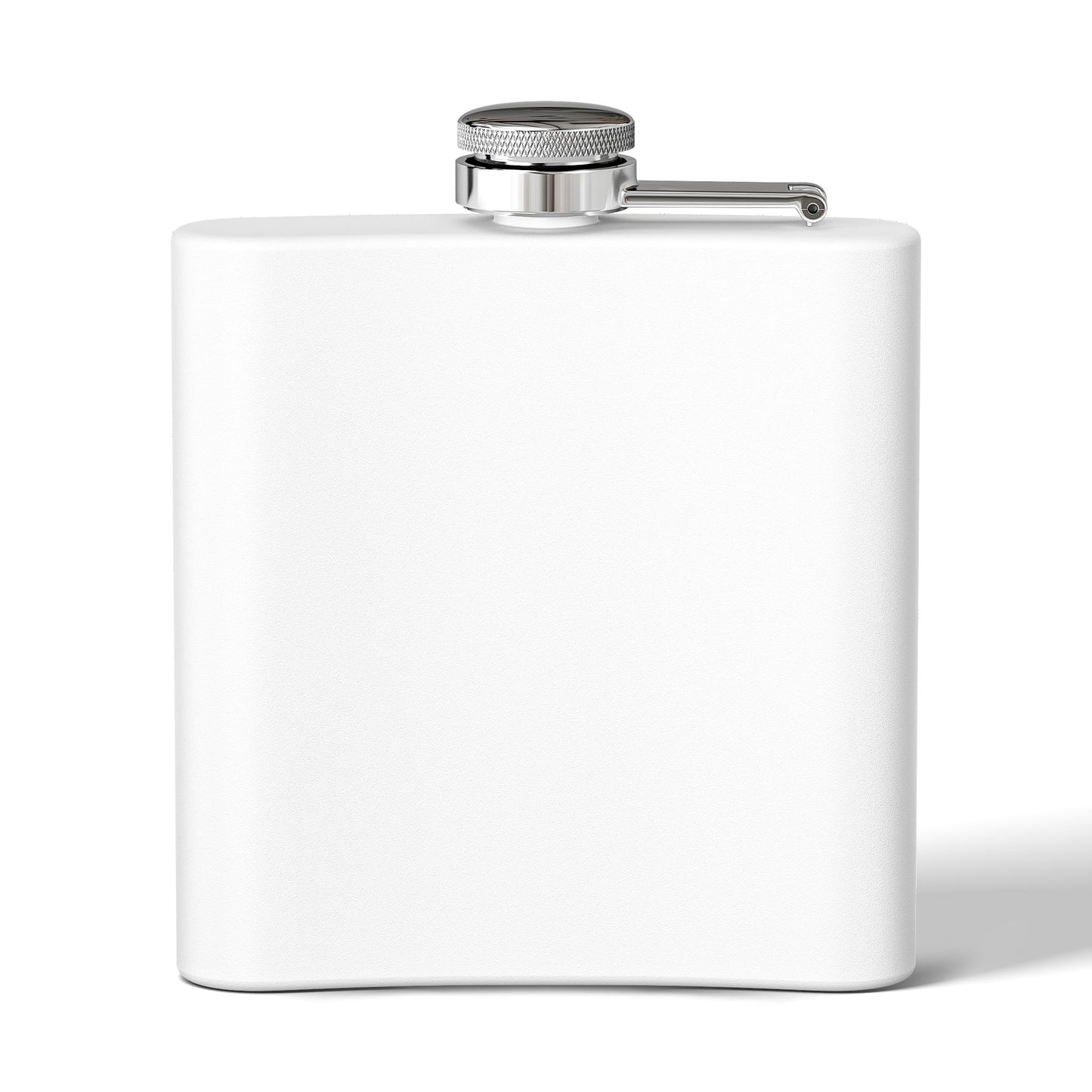 Back view of stainless steel flask with curved blank surface, shown on white background