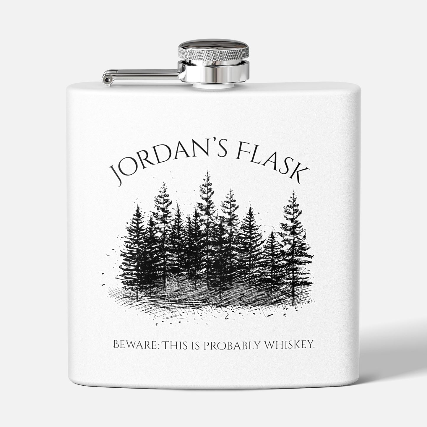 Front view of custom stainless steel flask with forest graphic and personalized text on white background