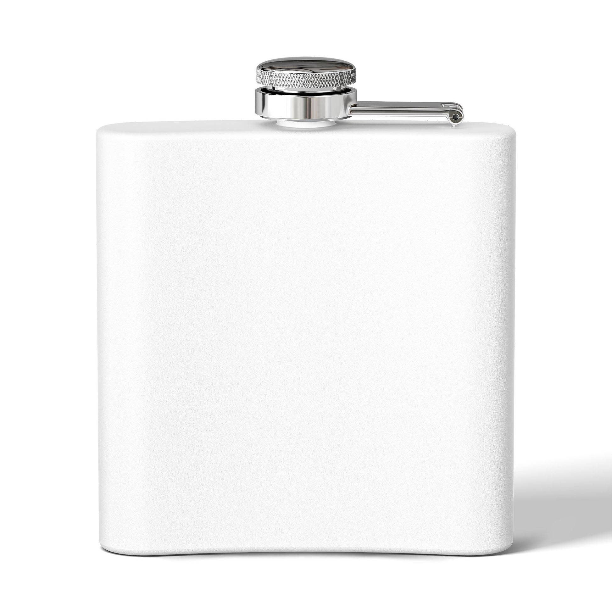 Back of stainless steel golf flask with curved blank surface, shown on white background
