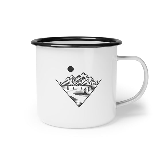 White enamel mug with black rim and handle, featuring a mountain and landscape design on a white background.