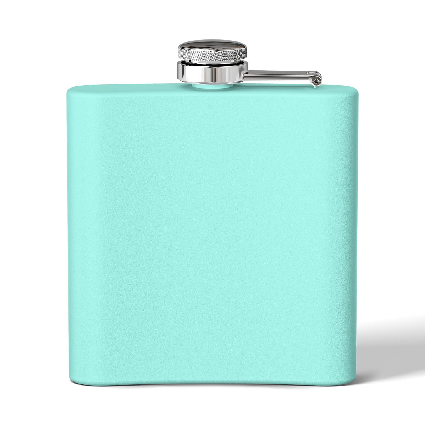 Back view of teal color curved stainless steel fishing flask with blank surface on white background