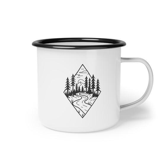 Enamel camp mug with Winding Path Timberline Trails design on white background