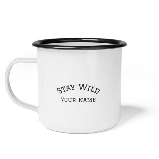 Personalized enamel camp mug with “Stay Wild – Your Name” text, shown on white background by Kempain Family Outfitters