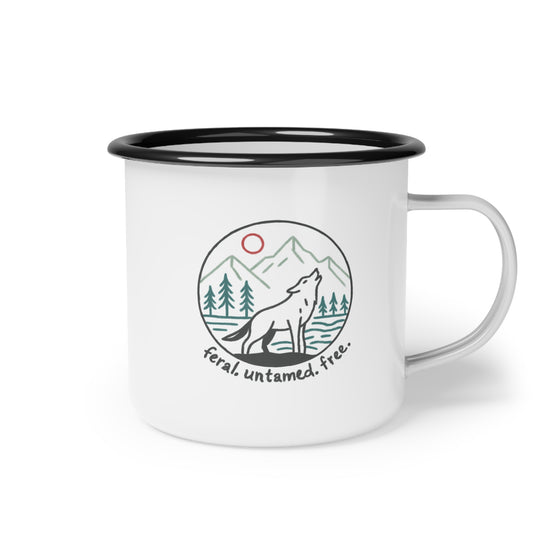Enamel camp mug featuring wild wolf howling design by Kempain Family Outfitters on white background