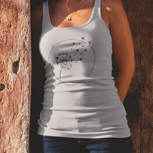 A heather grey Dandelion Breeze Racerback Tank featuring a delicate dandelion and drifting seeds, worn by a model for fit and style display.