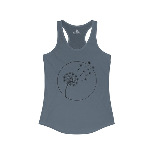 Dandelion Breeze solid indigo Tank displayed on a white background, showcasing the elegant nature-inspired design.