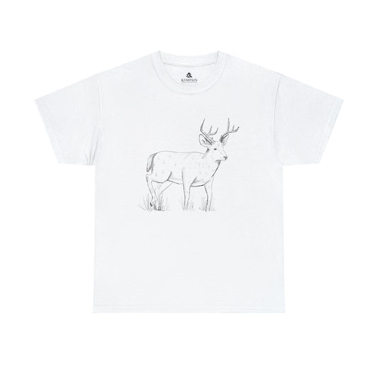 A white t-shirt on white background with an illustration of a whitetail buck on front.