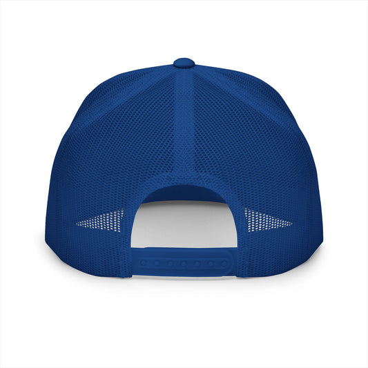 Back view of blue mesh trucker hat with adjustable snapback closure, showing breathable structure and classic fit.