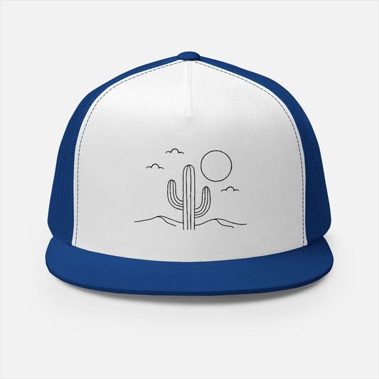 Front view of two-tone trucker hat with white panel and blue mesh and rim, featuring minimalist cactus, sun, and clouds line embroidery.