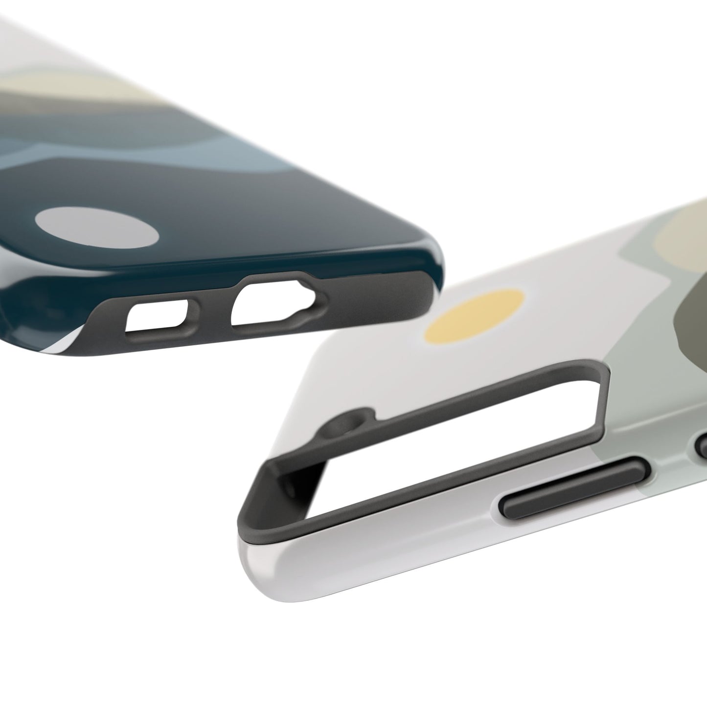 Detailed view of the cutouts on a phone case featuring an abstract mountain and lake reflection illustration, highlighting precise openings for ports and buttons on iPhone and Samsung models.