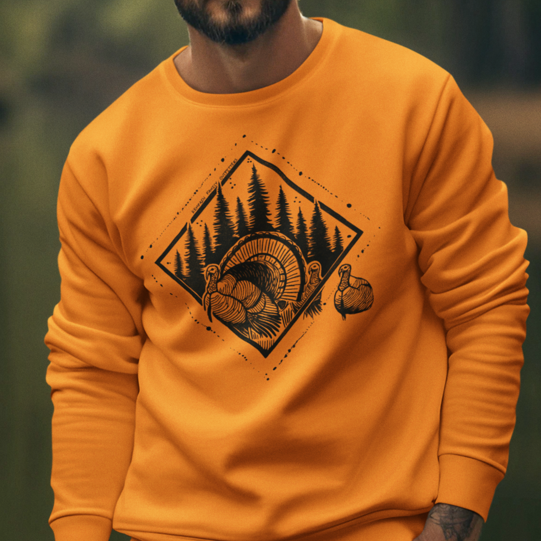 Echo of Timber Crewneck worn by a model, featuring a geometric forest scene with wild turkeys—perfect for nature lovers and hunting enthusiasts.